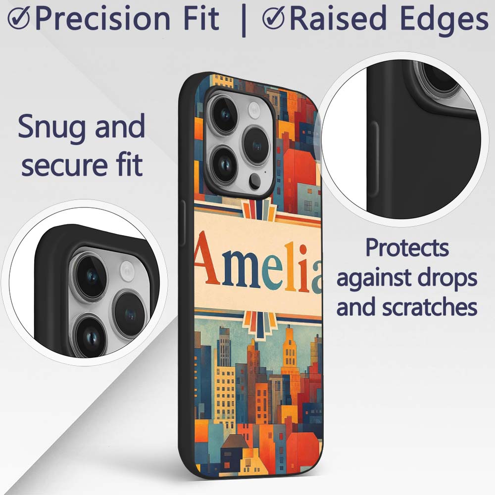 Colorful Stylized Urban City Decorative Design Custom Name Protective Phone Case Mobile Cover Durable Everyday Smartphone Shock Resistant