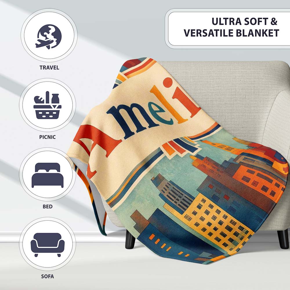 Colorful Stylized Urban City Buildings Illustration Seamless Personalised Custom Name Super Soft Fleece Blanket Bed Sofa Throw