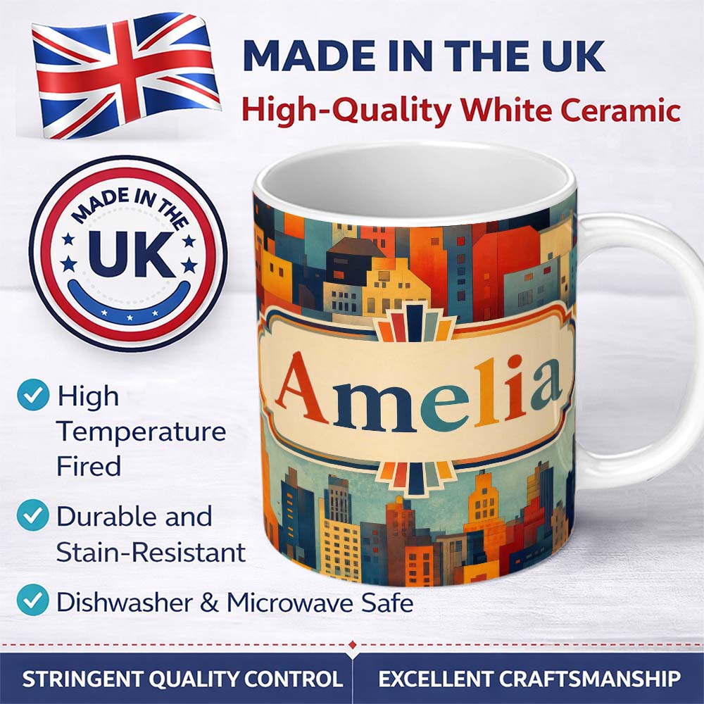 Personalized Custom Name Colorful Stylized Urban City Buildings Illustration Seamless 11oz Ceramic Coffee Tea Mug White Large Handle