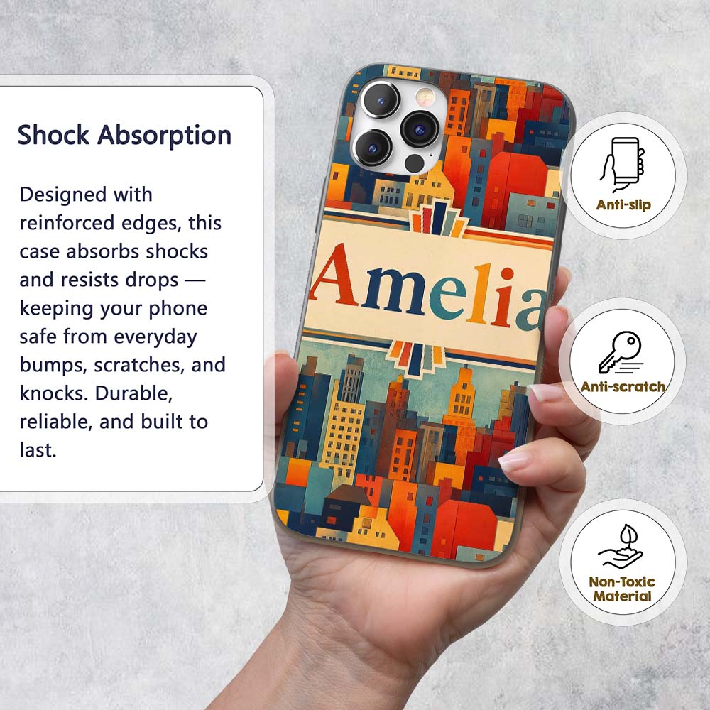 Colorful Stylized Urban City Decorative Design Custom Name Protective Phone Case Mobile Cover Durable Everyday Smartphone Shock Resistant