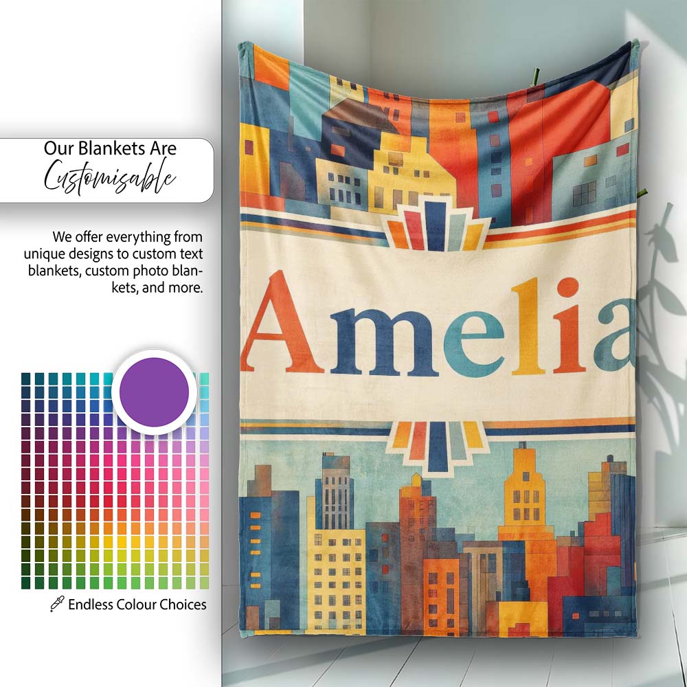 Colorful Stylized Urban City Buildings Illustration Seamless Personalised Custom Name Super Soft Fleece Blanket Bed Sofa Throw