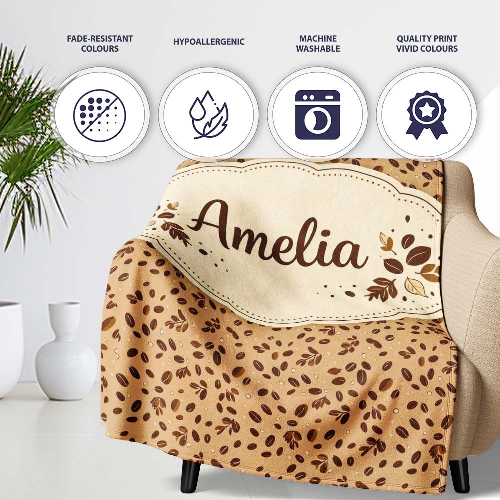 Coffee Beans Rich Brown Dense Seamless Pattern Perfect Gift for Her Personalised Custom Name Super Soft Fleece Blanket Bed Sofa Throw