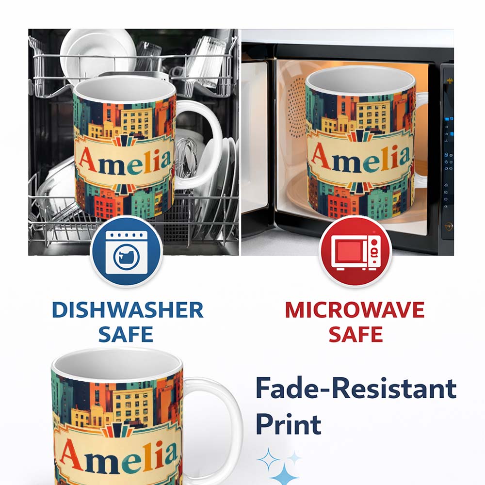 Personalized Custom Name Abstract Vibrant Cityscape Architecture Geometric Style Seamless 11oz Ceramic Coffee Tea Mug White Large Handle