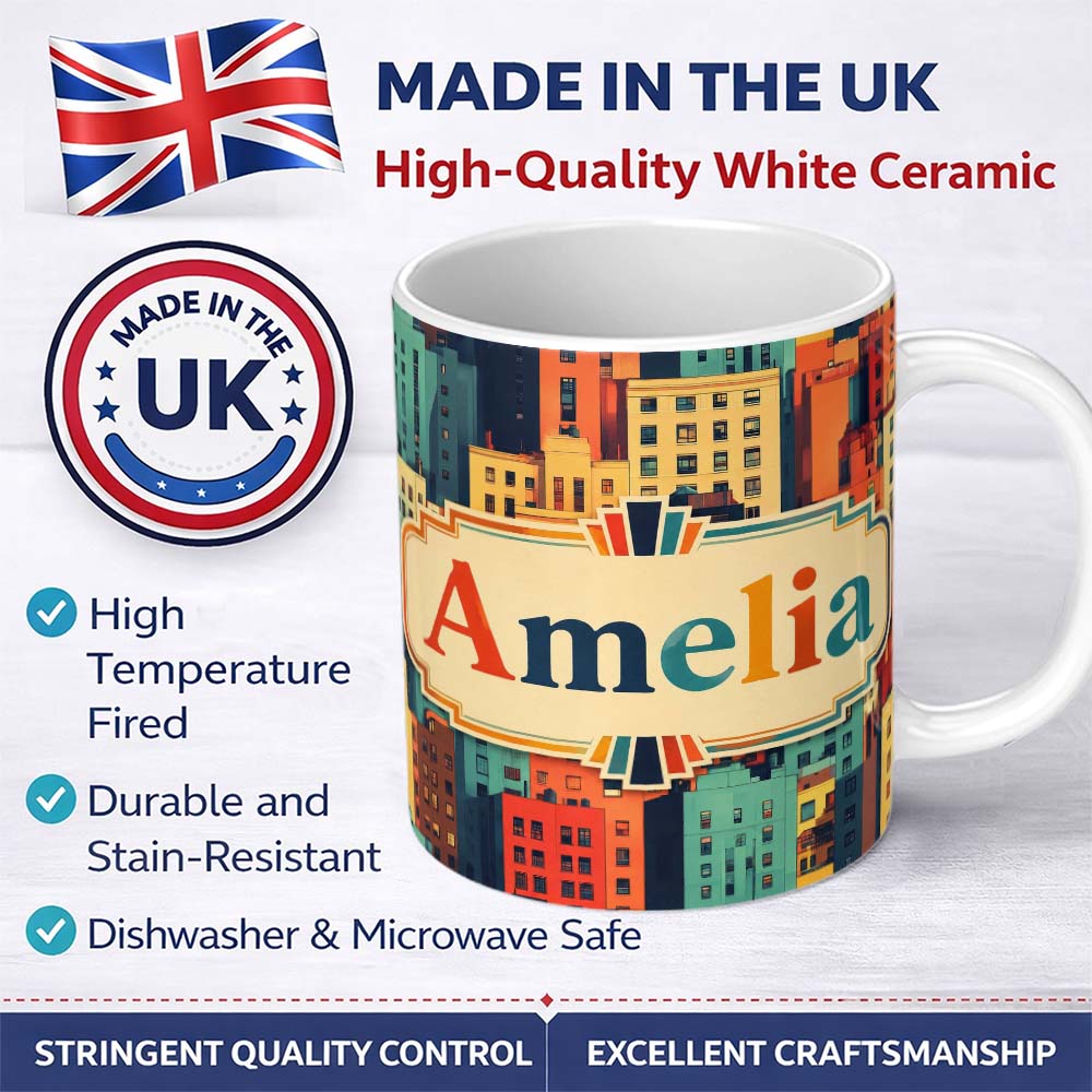 Personalized Custom Name Abstract Vibrant Cityscape Architecture Geometric Style Seamless 11oz Ceramic Coffee Tea Mug White Large Handle