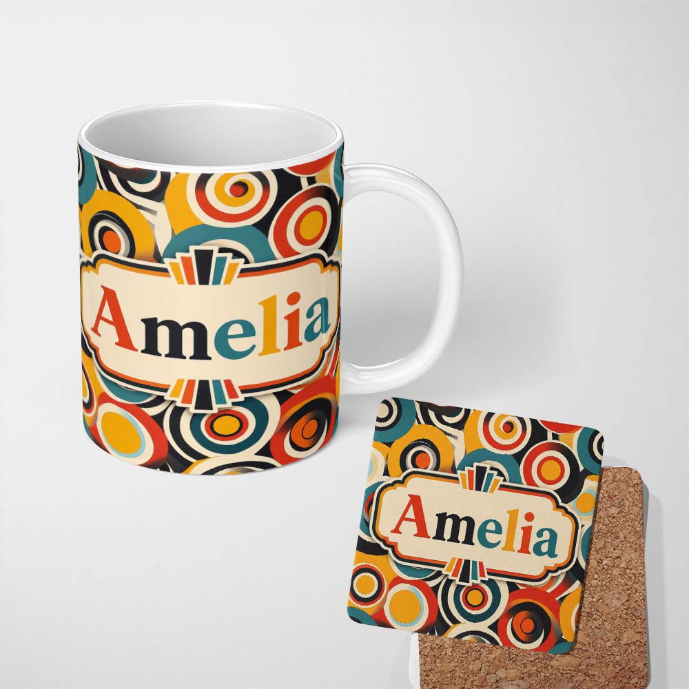 Personalized Custom Name Circle Geometric Abstract Pattern Bold Color Seamless Name Cute 11oz Ceramic Coffee Tea Mug White Large Handle