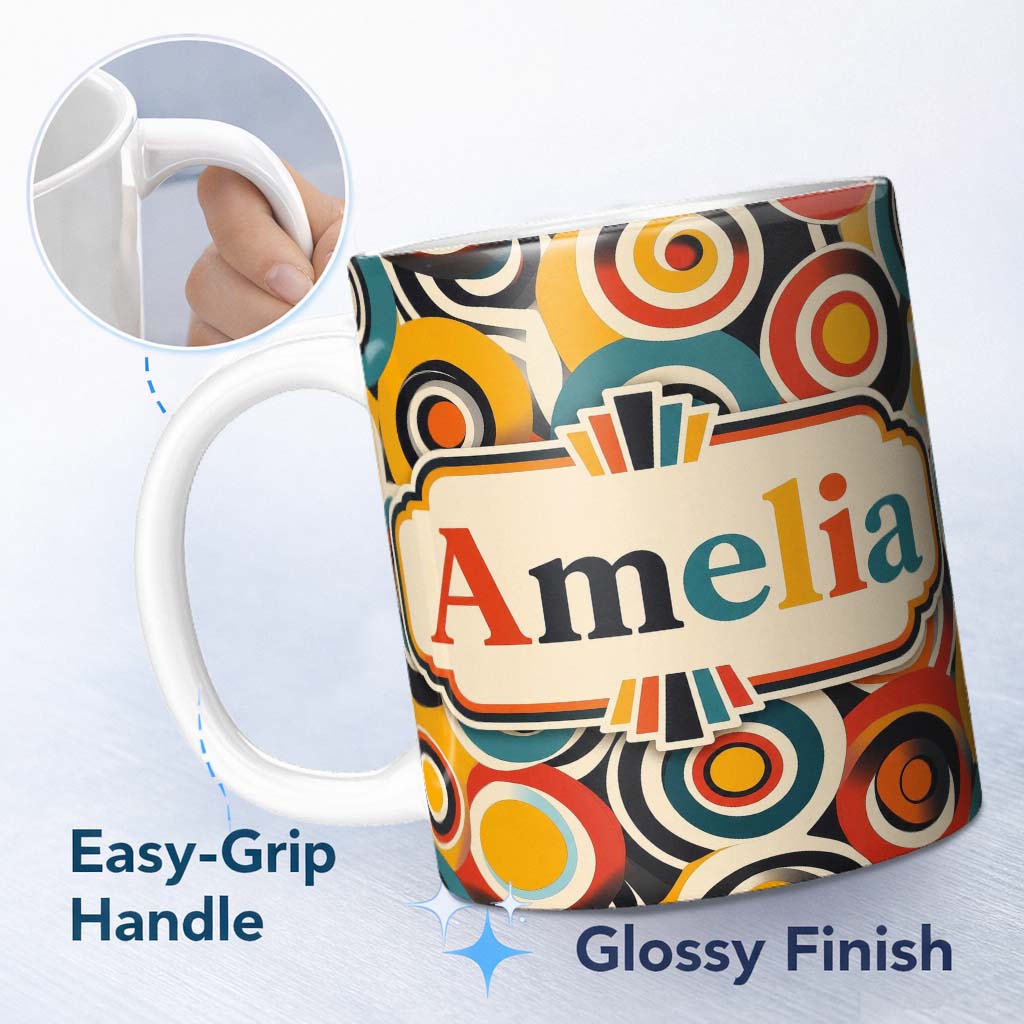 Personalized Custom Name Circle Geometric Abstract Pattern Bold Color Seamless Name Cute 11oz Ceramic Coffee Tea Mug White Large Handle