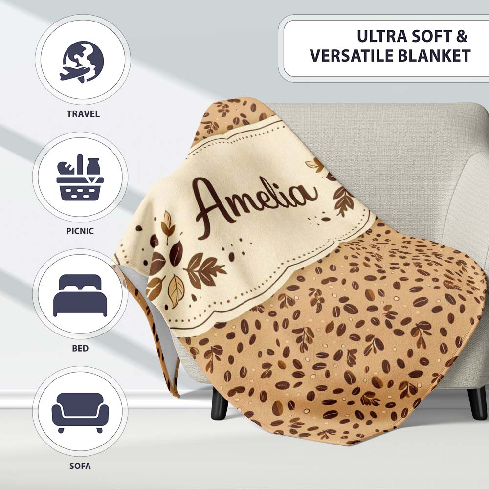 Coffee Beans Rich Brown Dense Seamless Pattern Perfect Gift for Her Personalised Custom Name Super Soft Fleece Blanket Bed Sofa Throw