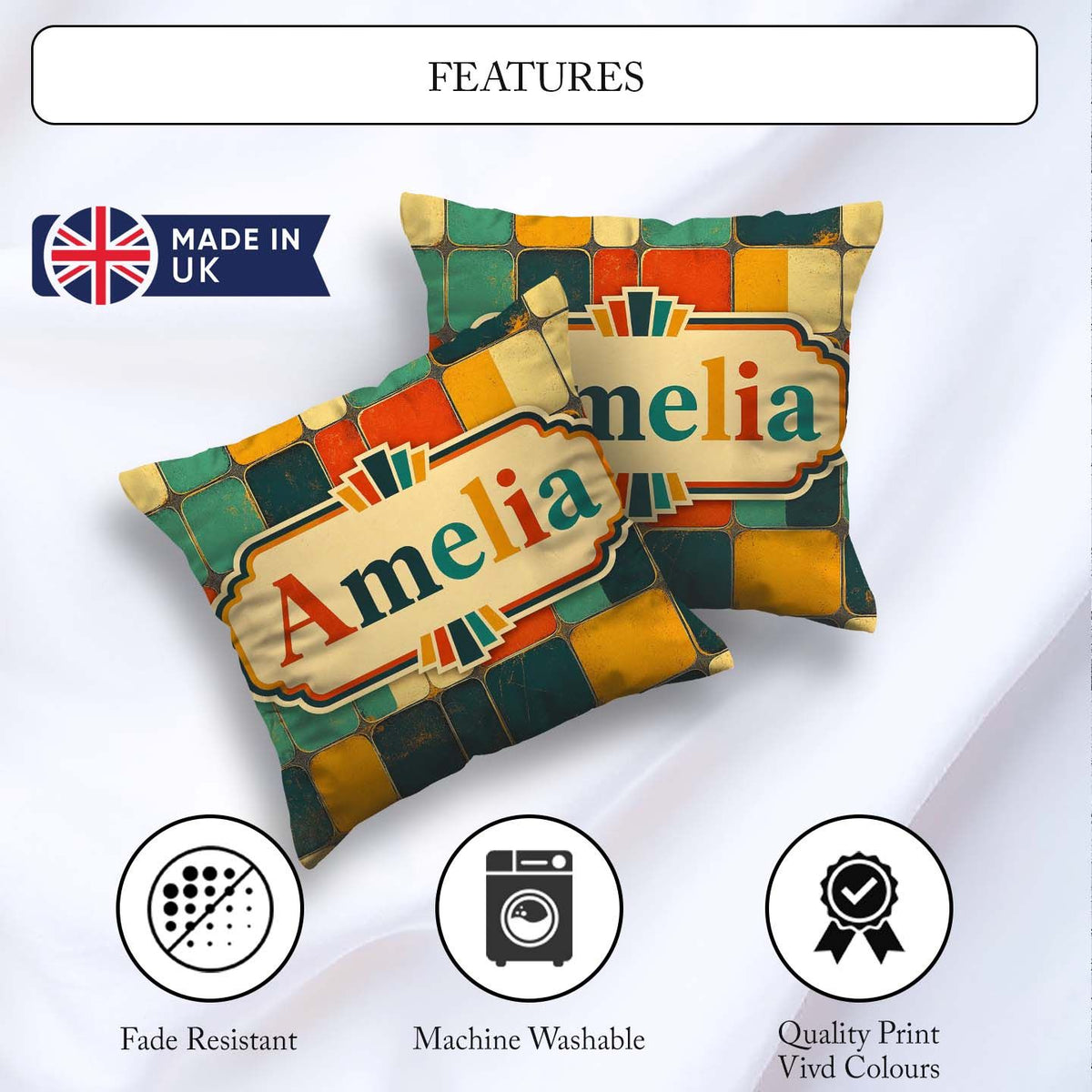 Custom Name Rounded Square Color Grid Pattern Seamless Name Cute Square Filled Cushion Throw Pillow Sofa Bed Home Decor Zip Washable UK Made