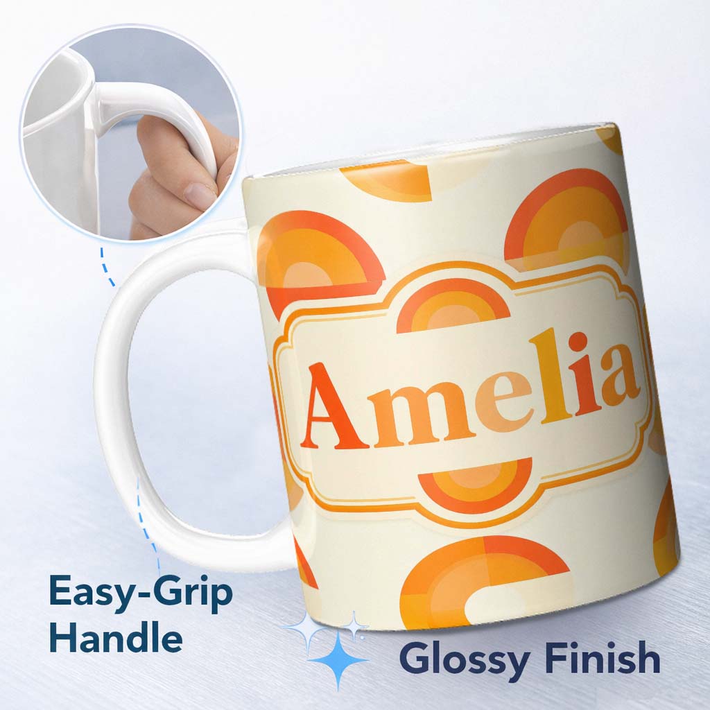 Personalized Custom Name Minimal Abstract Half Circle Sunset Pattern Seamless Name Cute 11oz Ceramic Coffee Tea Mug White Large Handle