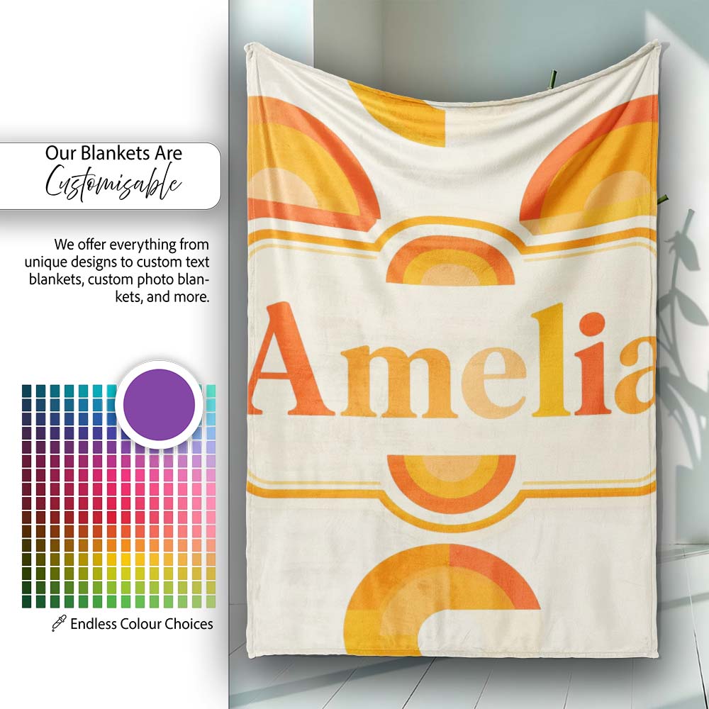 Minimal Abstract Half Circle Sunset Pattern Seamless Name Cute Personalised Custom Name Super Soft Fleece Blanket Bed Sofa Throw