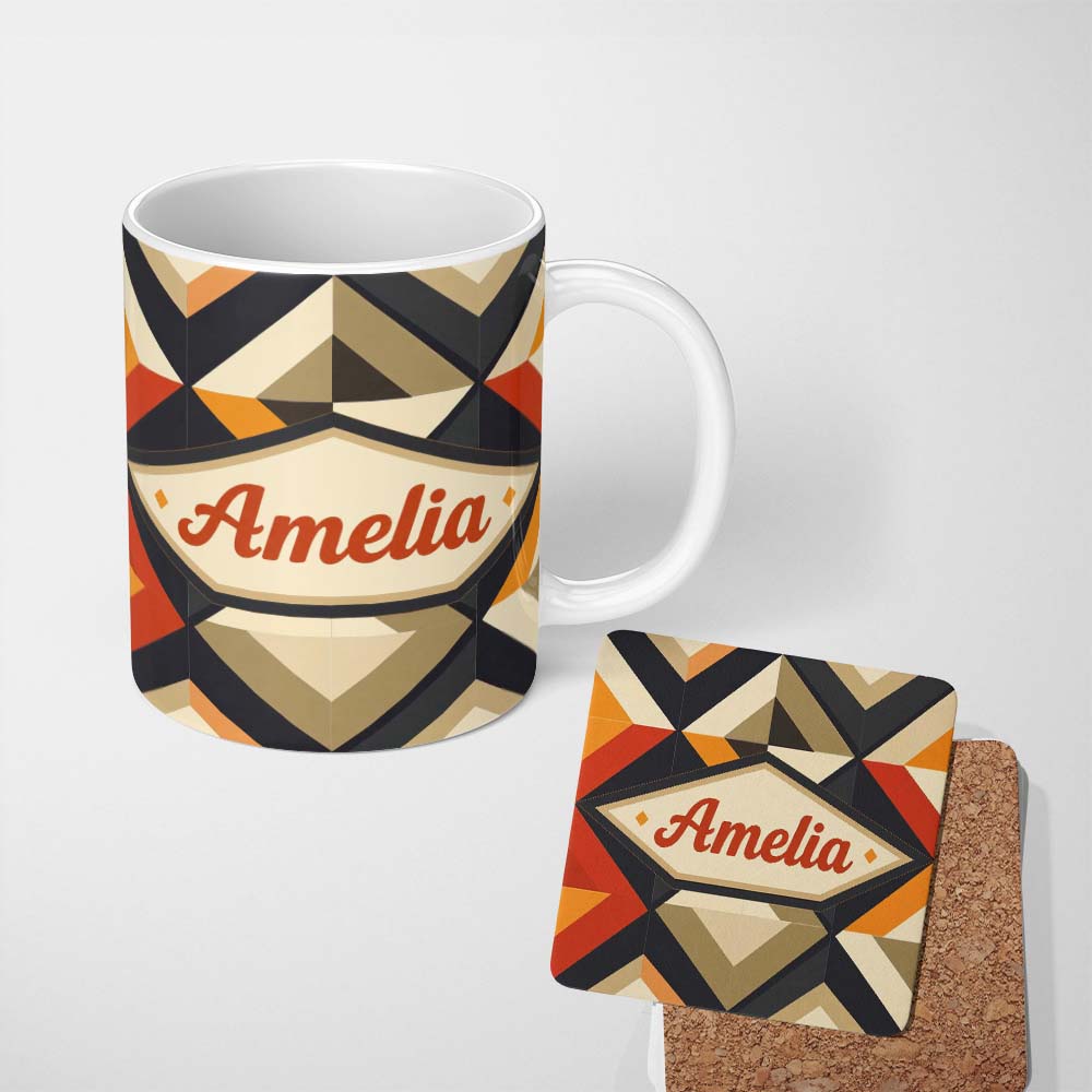 Personalized Custom Name Modern Geometric Diamond Abstract Pattern Bold Shapes Seamless Name 11oz Ceramic Coffee Tea Mug White Large Handle