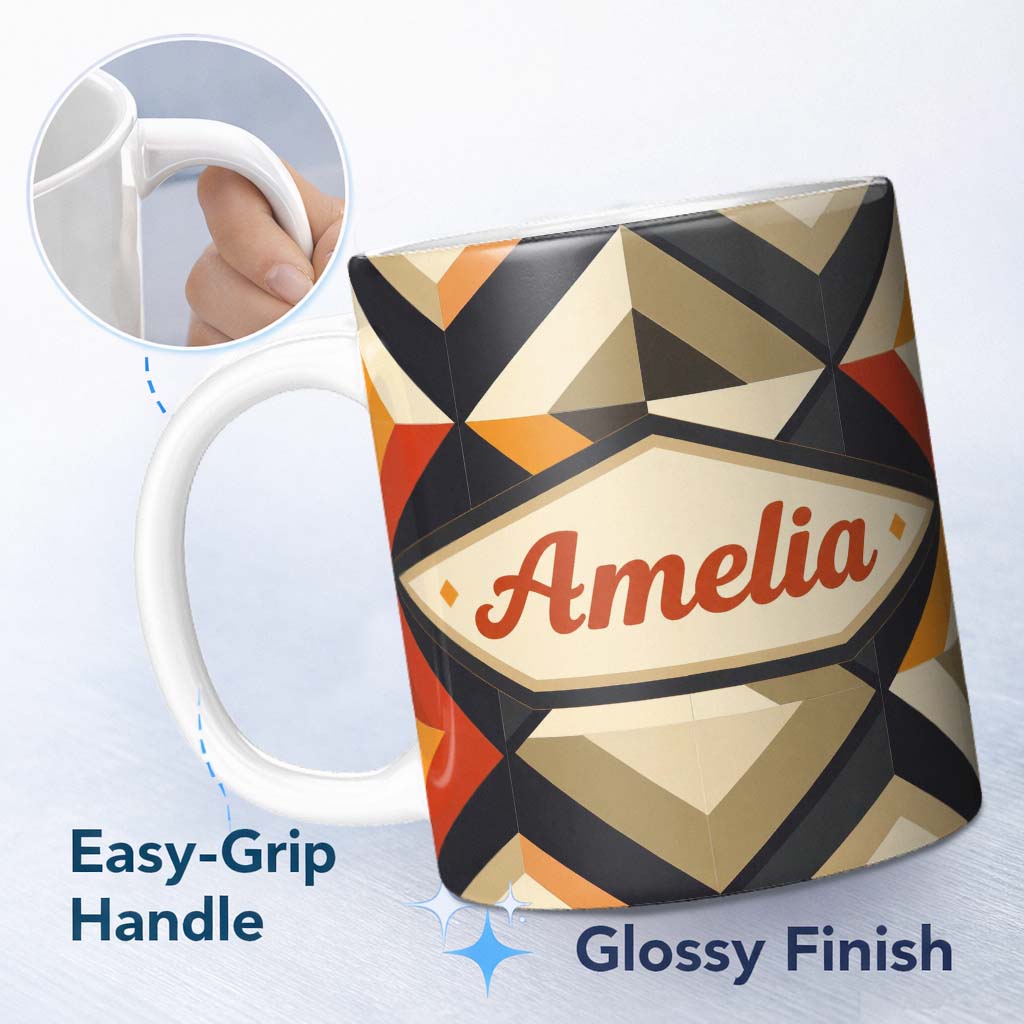 Personalized Custom Name Modern Geometric Diamond Abstract Pattern Bold Shapes Seamless Name 11oz Ceramic Coffee Tea Mug White Large Handle
