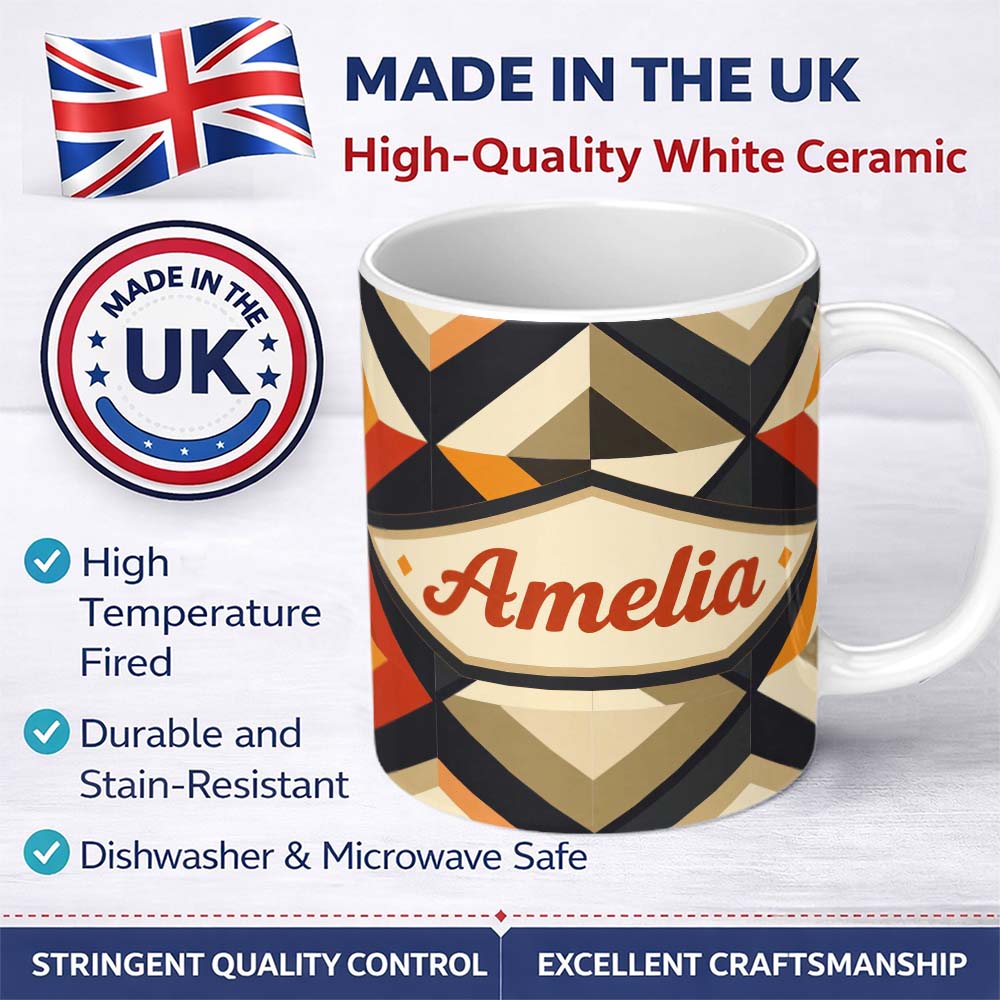 Personalized Custom Name Modern Geometric Diamond Abstract Pattern Bold Shapes Seamless Name 11oz Ceramic Coffee Tea Mug White Large Handle