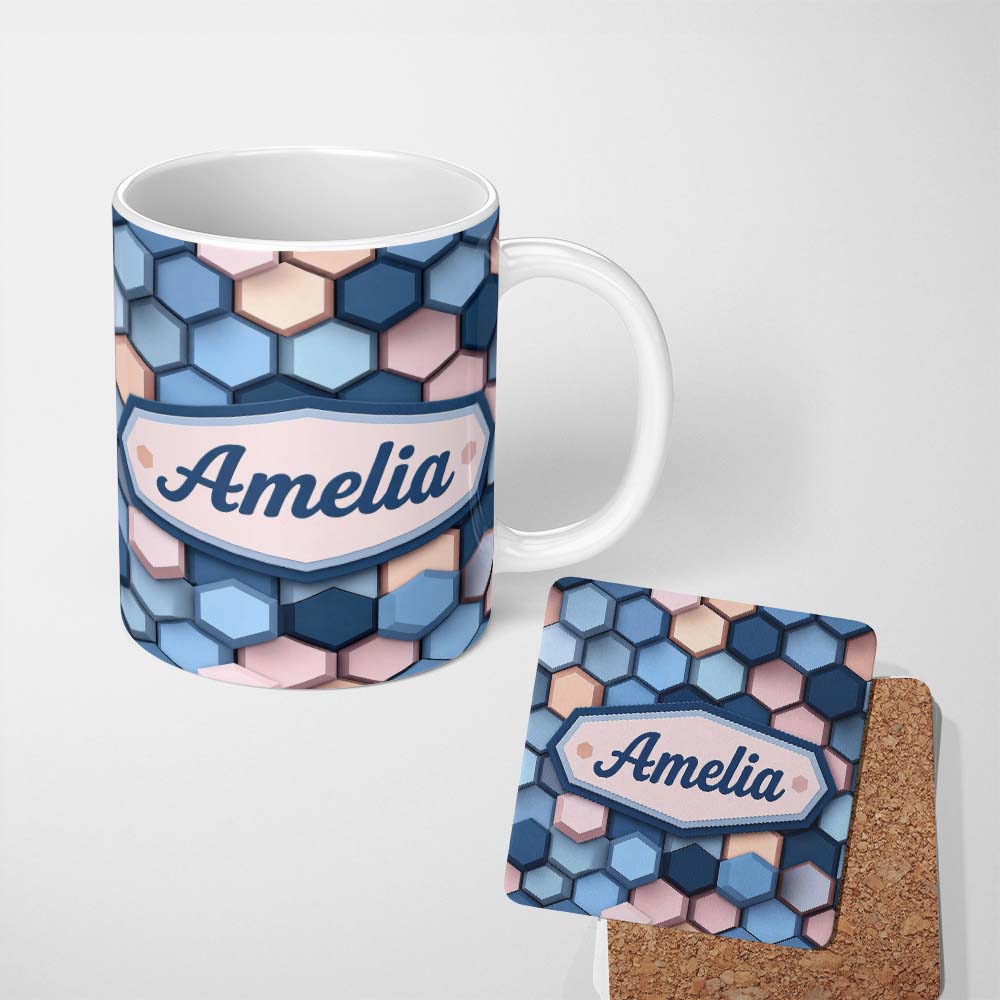 Personalized Custom Name Modern Hexagon Geometric Pattern Soft Blue Pink Tones Seamless Name 11oz Ceramic Coffee Tea Mug White Large Handle