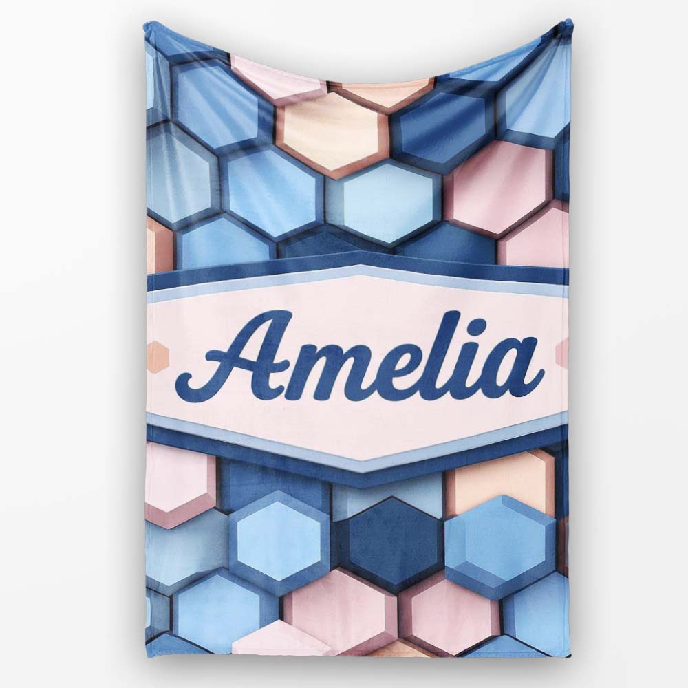 Modern Hexagon Geometric Pattern Soft Blue Pink Tones Seamless Name Personalised Custom Name Super Soft Fleece Blanket Bed Sofa Throw