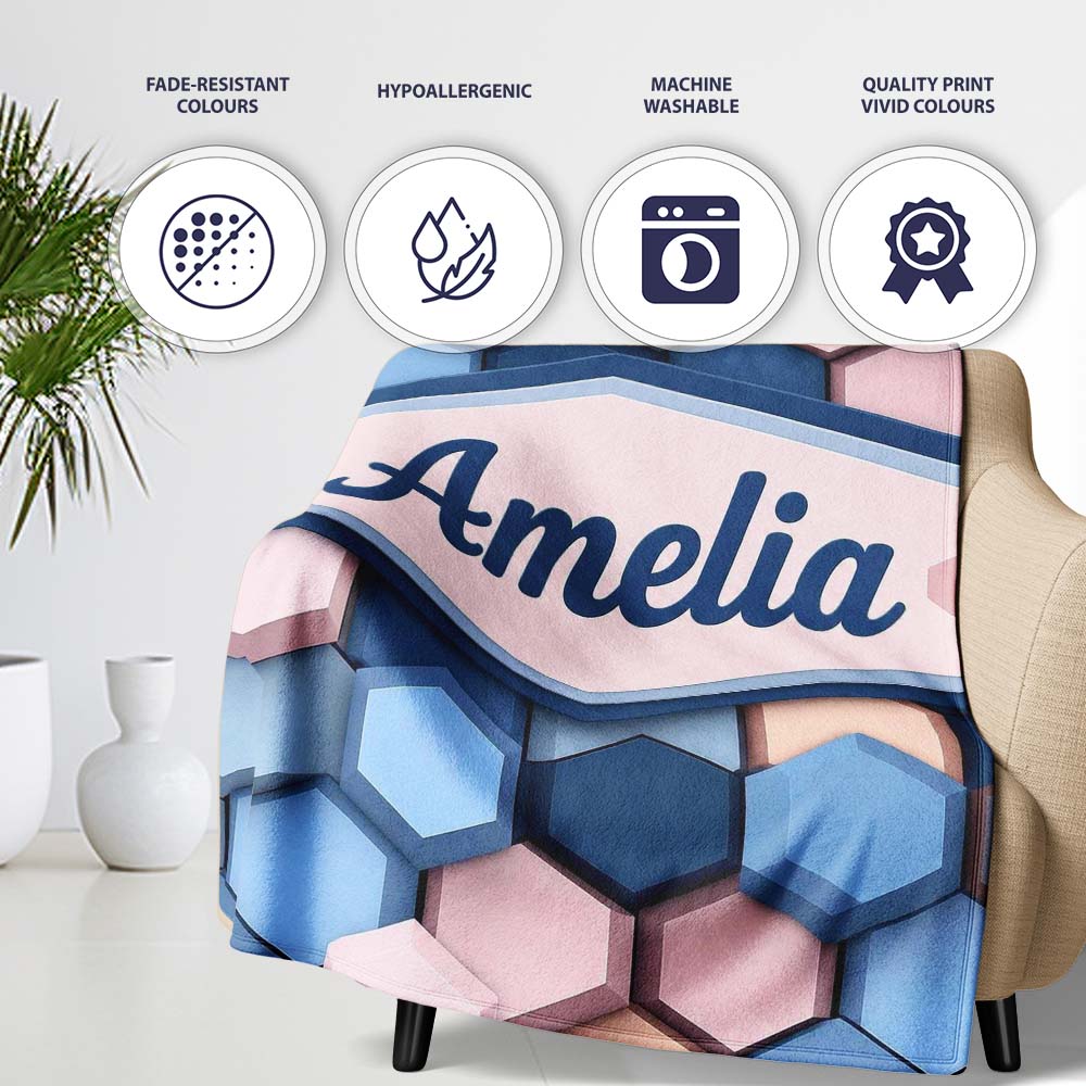 Modern Hexagon Geometric Pattern Soft Blue Pink Tones Seamless Name Personalised Custom Name Super Soft Fleece Blanket Bed Sofa Throw