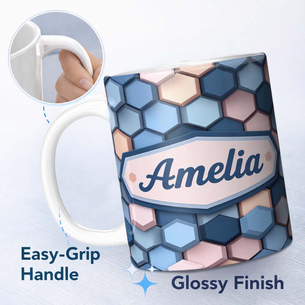 Personalized Custom Name Modern Hexagon Geometric Pattern Soft Blue Pink Tones Seamless Name 11oz Ceramic Coffee Tea Mug White Large Handle