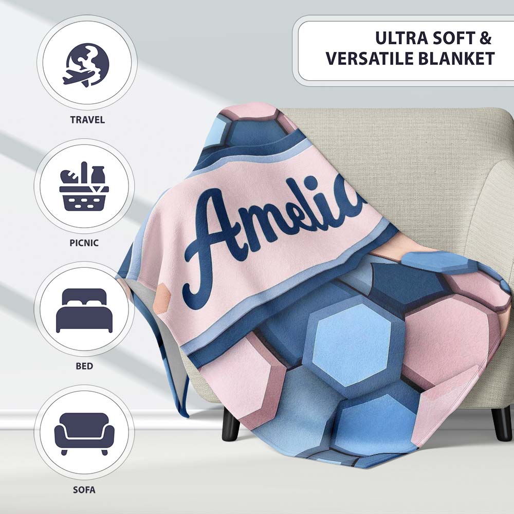 Modern Hexagon Geometric Pattern Soft Blue Pink Tones Seamless Name Personalised Custom Name Super Soft Fleece Blanket Bed Sofa Throw