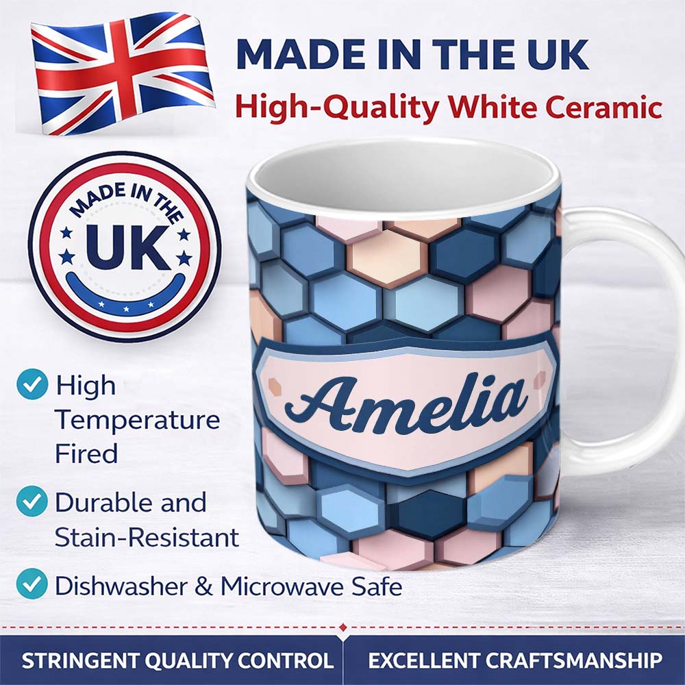 Personalized Custom Name Modern Hexagon Geometric Pattern Soft Blue Pink Tones Seamless Name 11oz Ceramic Coffee Tea Mug White Large Handle