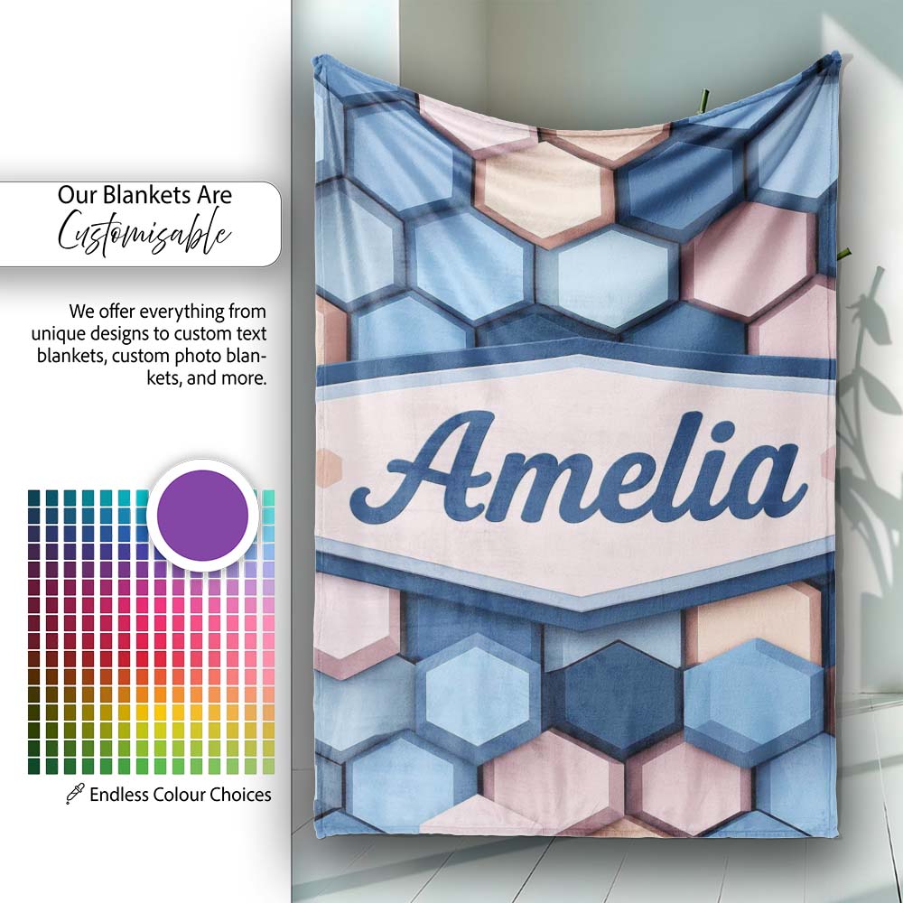 Modern Hexagon Geometric Pattern Soft Blue Pink Tones Seamless Name Personalised Custom Name Super Soft Fleece Blanket Bed Sofa Throw