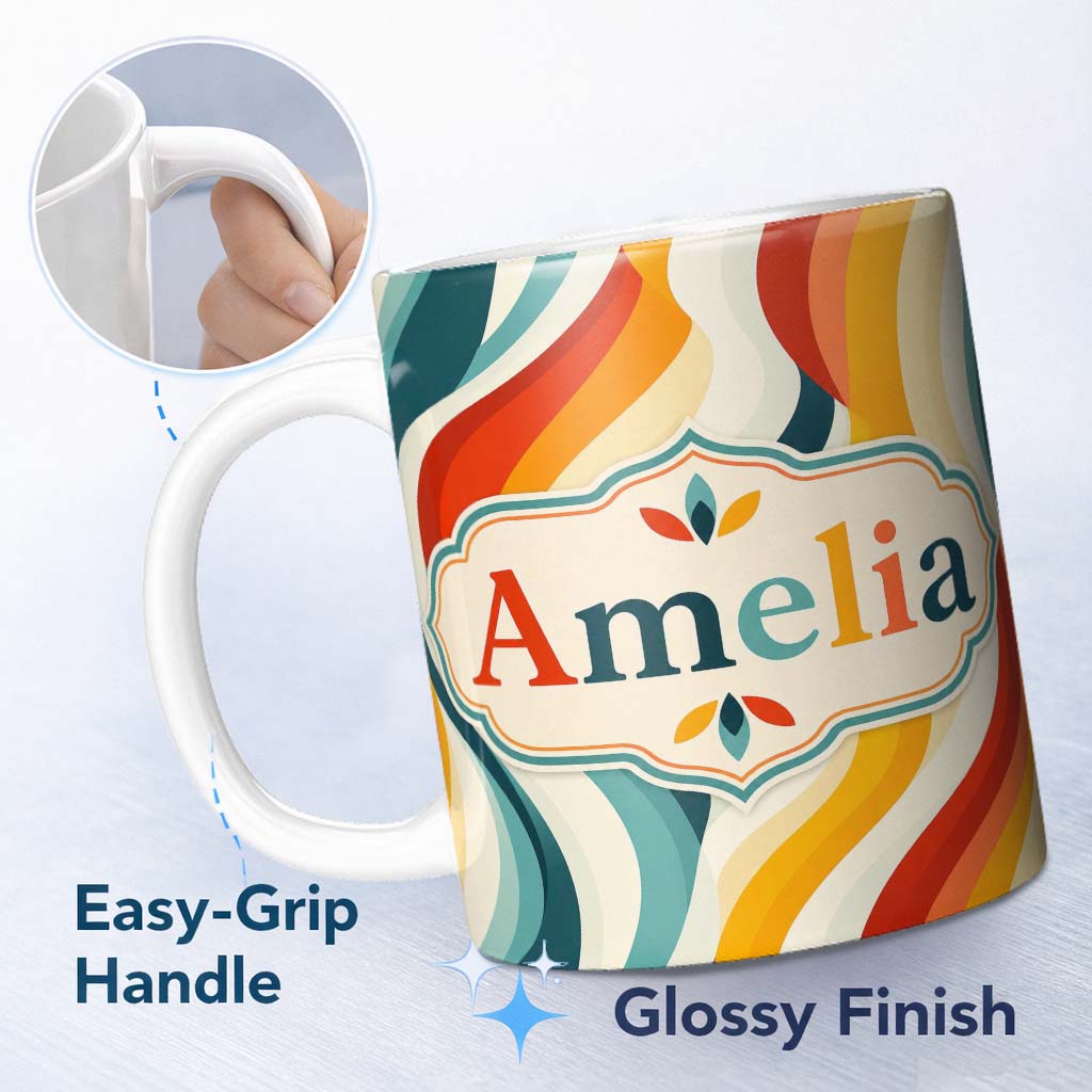 Personalized Custom Name Wavy Stripes Color Flow Abstract Pattern Seamless Name Cute Unique 11oz Ceramic Coffee Tea Mug White Large Handle