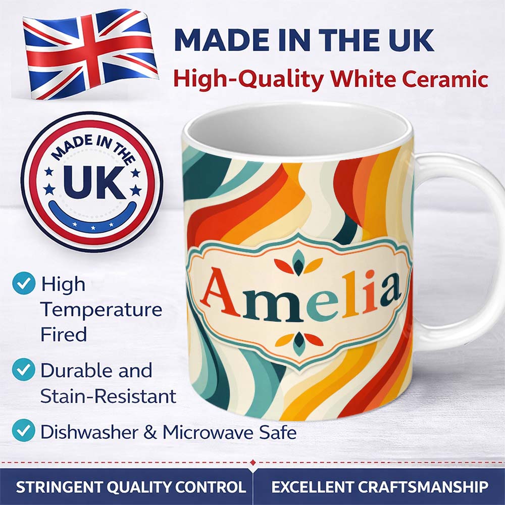 Personalized Custom Name Wavy Stripes Color Flow Abstract Pattern Seamless Name Cute Unique 11oz Ceramic Coffee Tea Mug White Large Handle