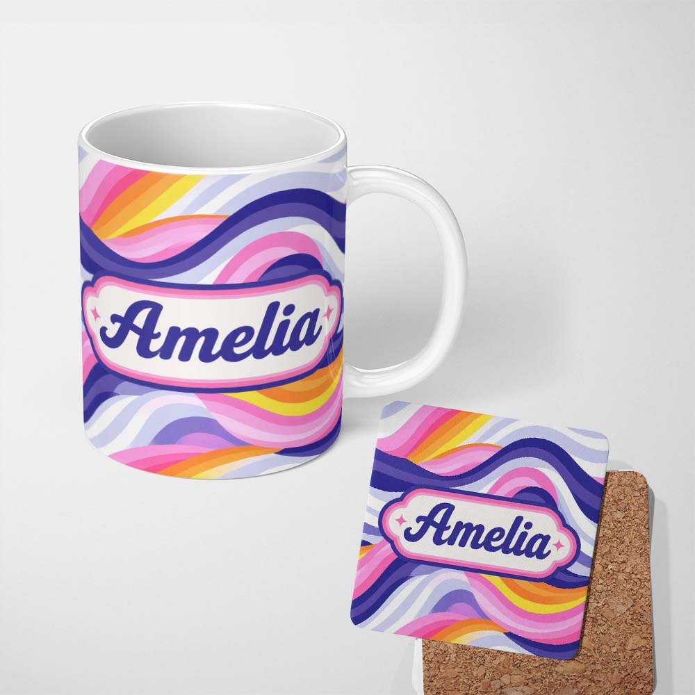 Personalized Custom Name Colorful Pastel Wave Gradient Flow Pattern Seamless Name Cute 11oz Ceramic Coffee Tea Mug White Large Handle