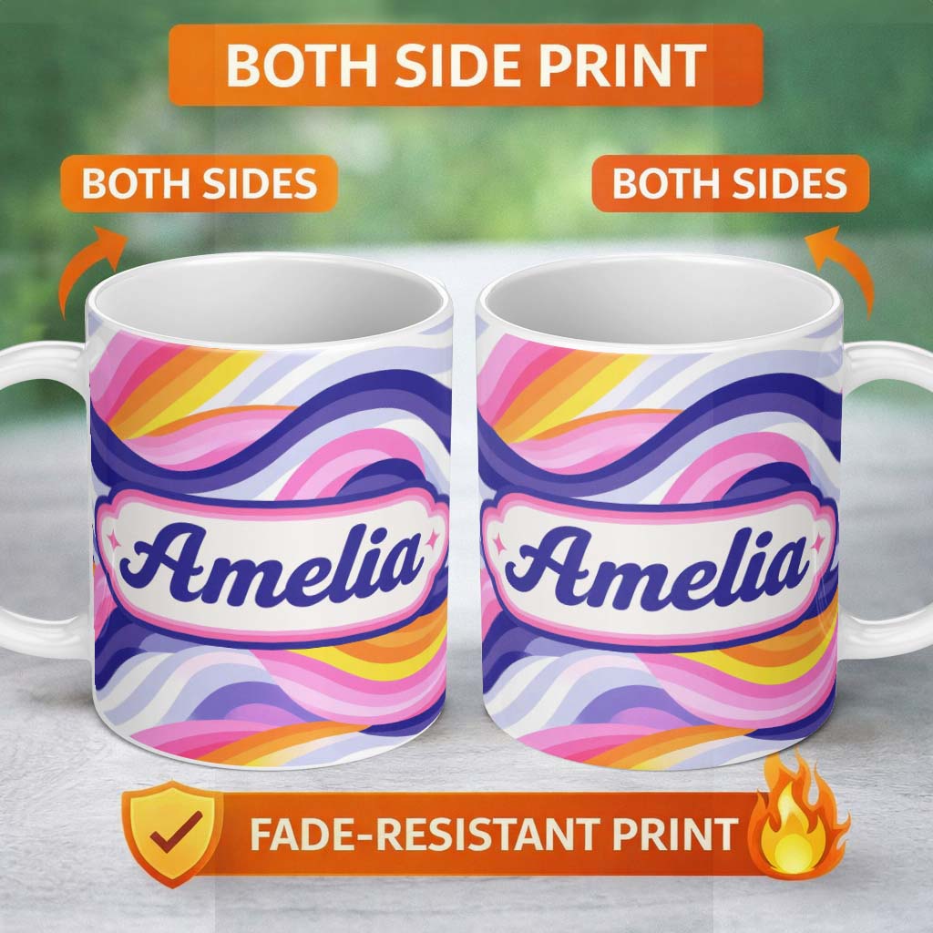 Personalized Custom Name Colorful Pastel Wave Gradient Flow Pattern Seamless Name Cute 11oz Ceramic Coffee Tea Mug White Large Handle