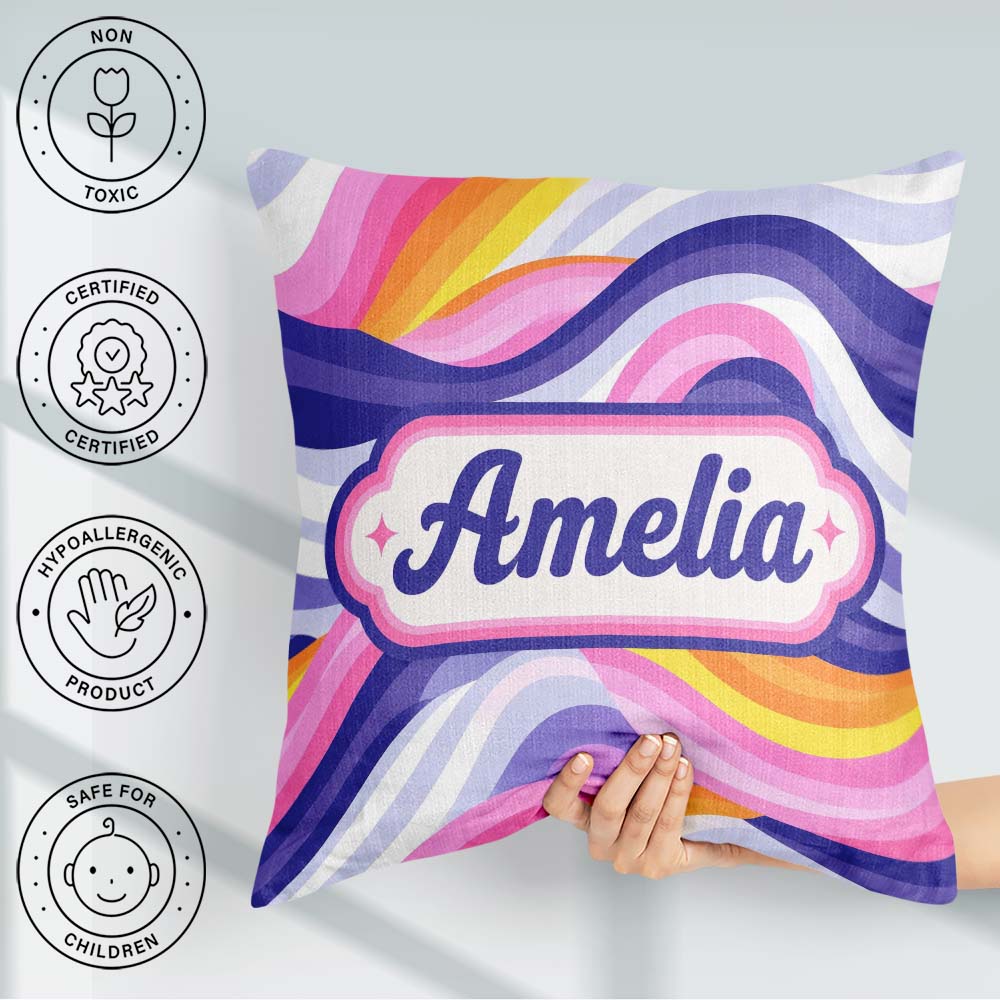 Custom Name Colorful Pastel Wave Gradient Flow Pattern Name Cute Square Filled Cushion Throw Pillow Sofa Bed Home Decor Zip Washable UK Made