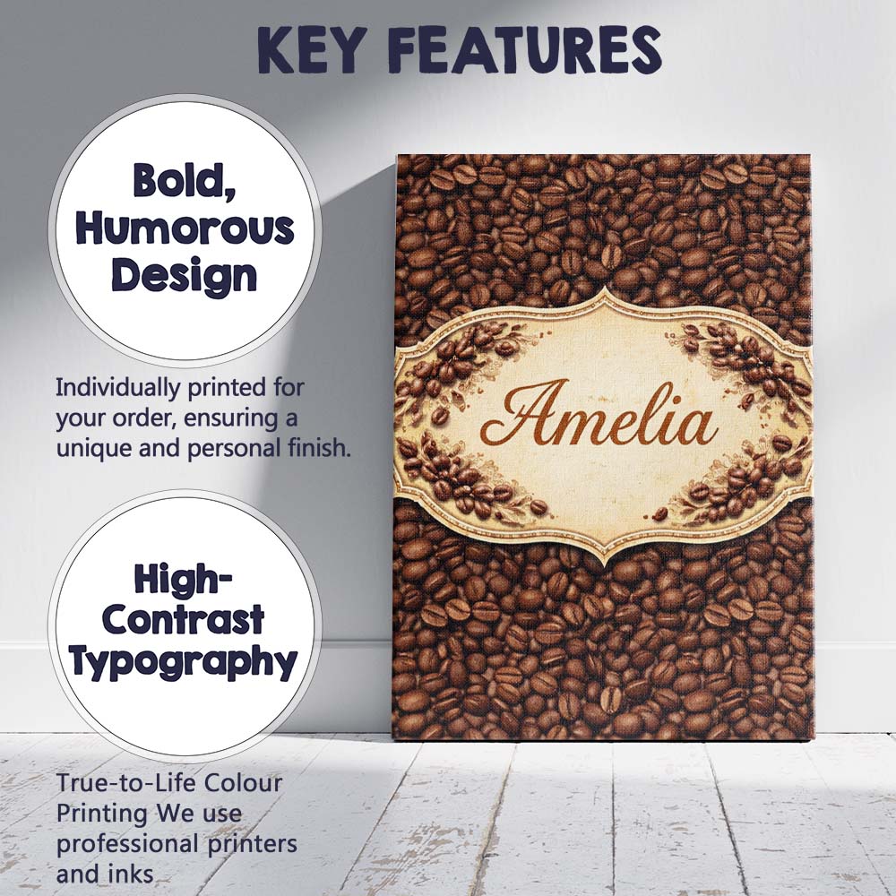 Personalised Name Realistic Roasted Coffee Beans Scatter Seamless Custom Bespoke Canvas Wall Art Print Decor Picture Ready to Hang