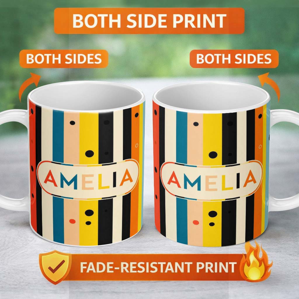 Personalized Custom Name Bold Vertical Stripes with Polka Dot Accent Seamless Pattern Name 11oz Ceramic Coffee Tea Mug White Large Handle