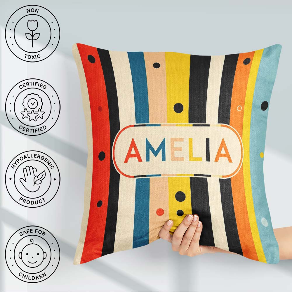 Custom Name Bold Vertical Stripes with Polka Dot Accent Seamless Square Filled Cushion Throw Pillow Sofa Bed Home Decor Zip Washable UK Made