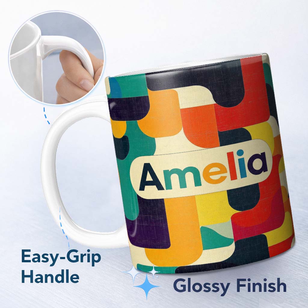Personalized Custom Name Abstract Mid Century Geometric Blocks Texture Pattern Seamless Name 11oz Ceramic Coffee Tea Mug White Large Handle