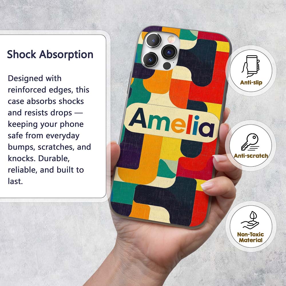 Abstract Mid Century Geometric Blocks Texture Custom Name Protective Phone Case Mobile Cover Durable Everyday Smartphone Shock Resistant