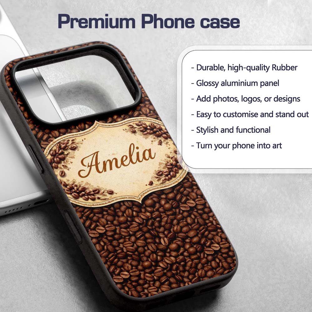 Realistic Roasted Coffee Beans Scatter Seamless Custom Name Protective Phone Case Mobile Cover Durable Everyday Smartphone Shock Resistant