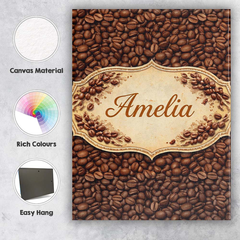 Personalised Name Realistic Roasted Coffee Beans Scatter Seamless Custom Bespoke Canvas Wall Art Print Decor Picture Ready to Hang