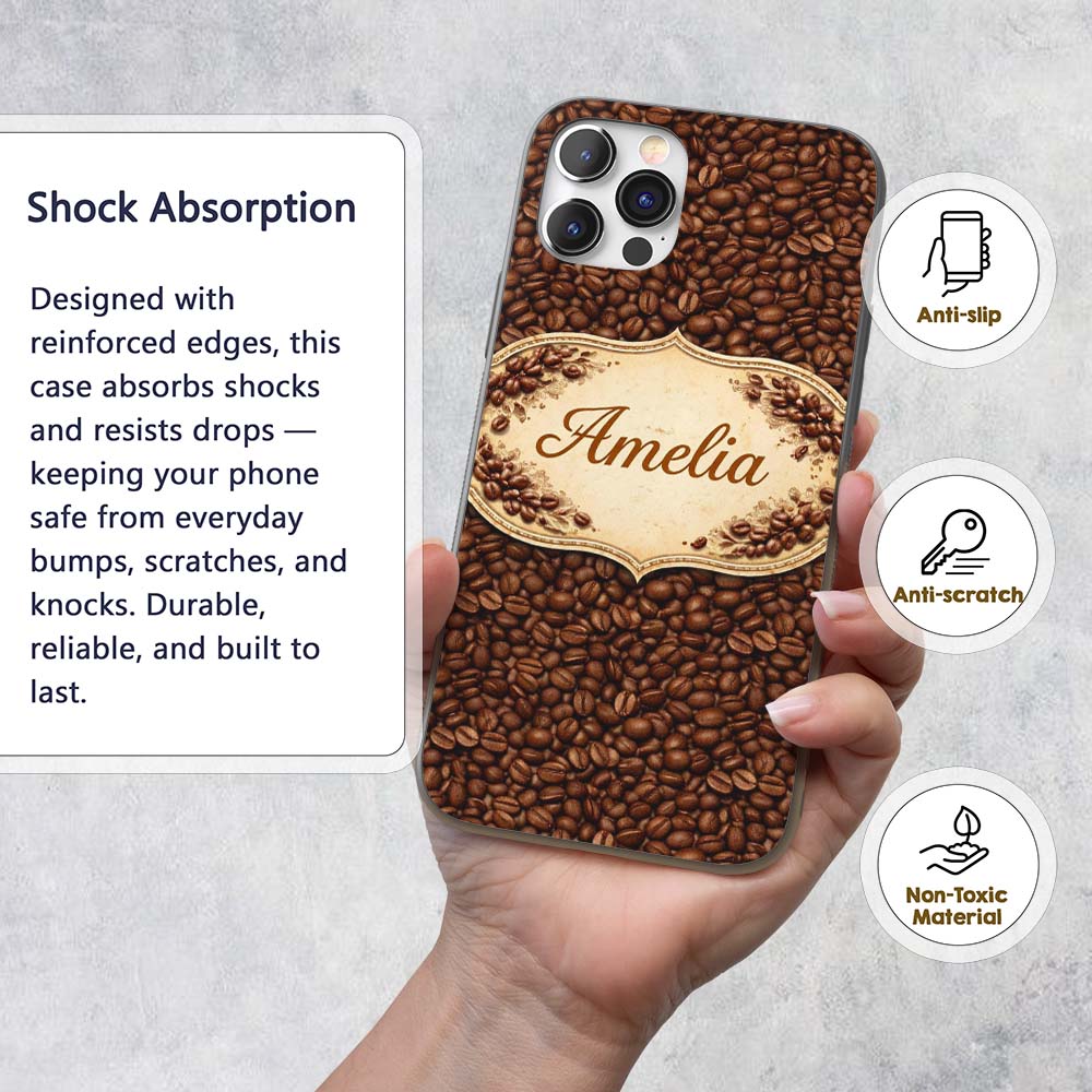 Realistic Roasted Coffee Beans Scatter Seamless Custom Name Protective Phone Case Mobile Cover Durable Everyday Smartphone Shock Resistant