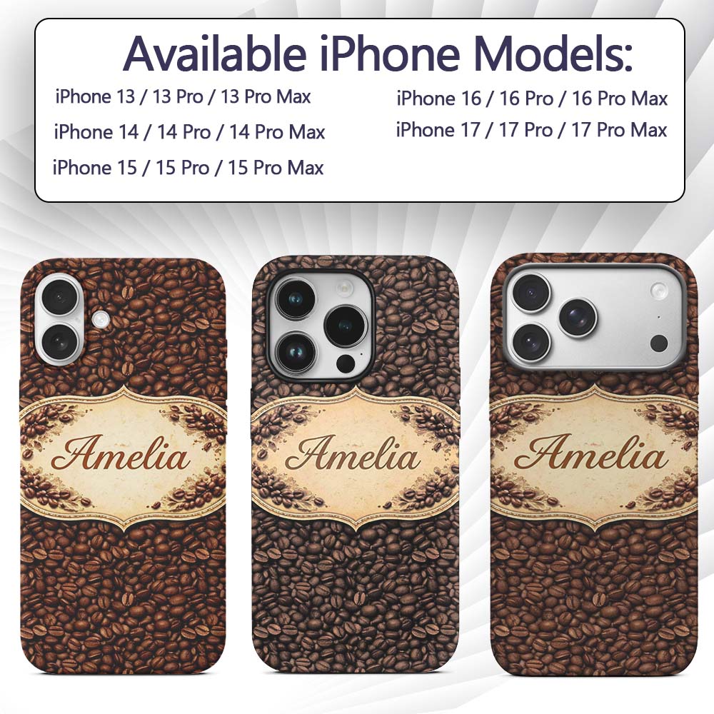Realistic Roasted Coffee Beans Scatter Seamless Custom Name Protective Phone Case Mobile Cover Durable Everyday Smartphone Shock Resistant