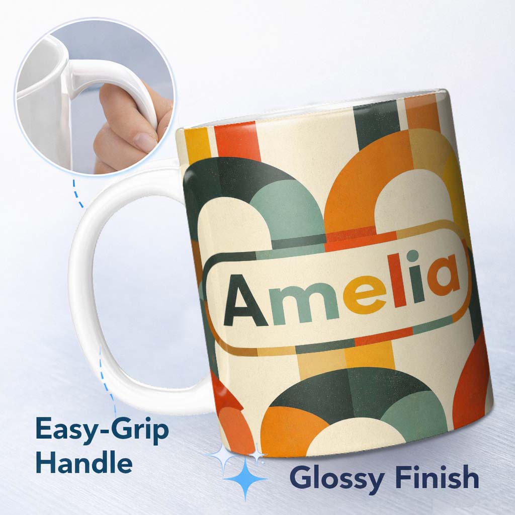 Personalized Custom Name Vintage Arch Rainbow Geometric Texture Pattern Seamless Name Cute 11oz Ceramic Coffee Tea Mug White Large Handle