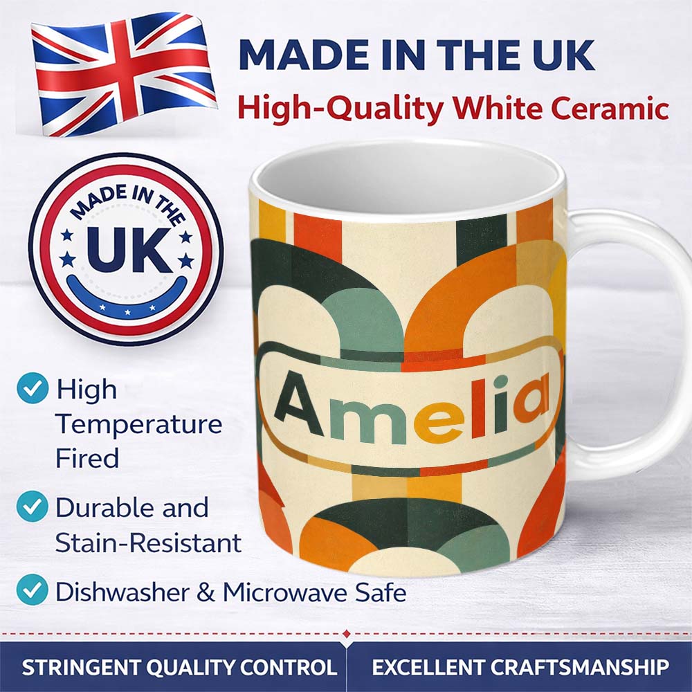 Personalized Custom Name Vintage Arch Rainbow Geometric Texture Pattern Seamless Name Cute 11oz Ceramic Coffee Tea Mug White Large Handle
