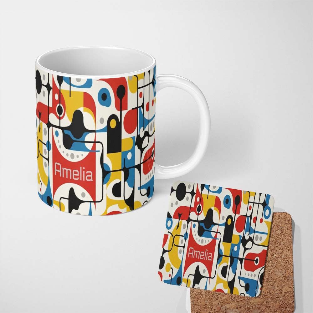 Personalized Custom Name Abstract Circles and Lines Mid Century Modern Pattern Seamless Name 11oz Ceramic Coffee Tea Mug White Large Handle