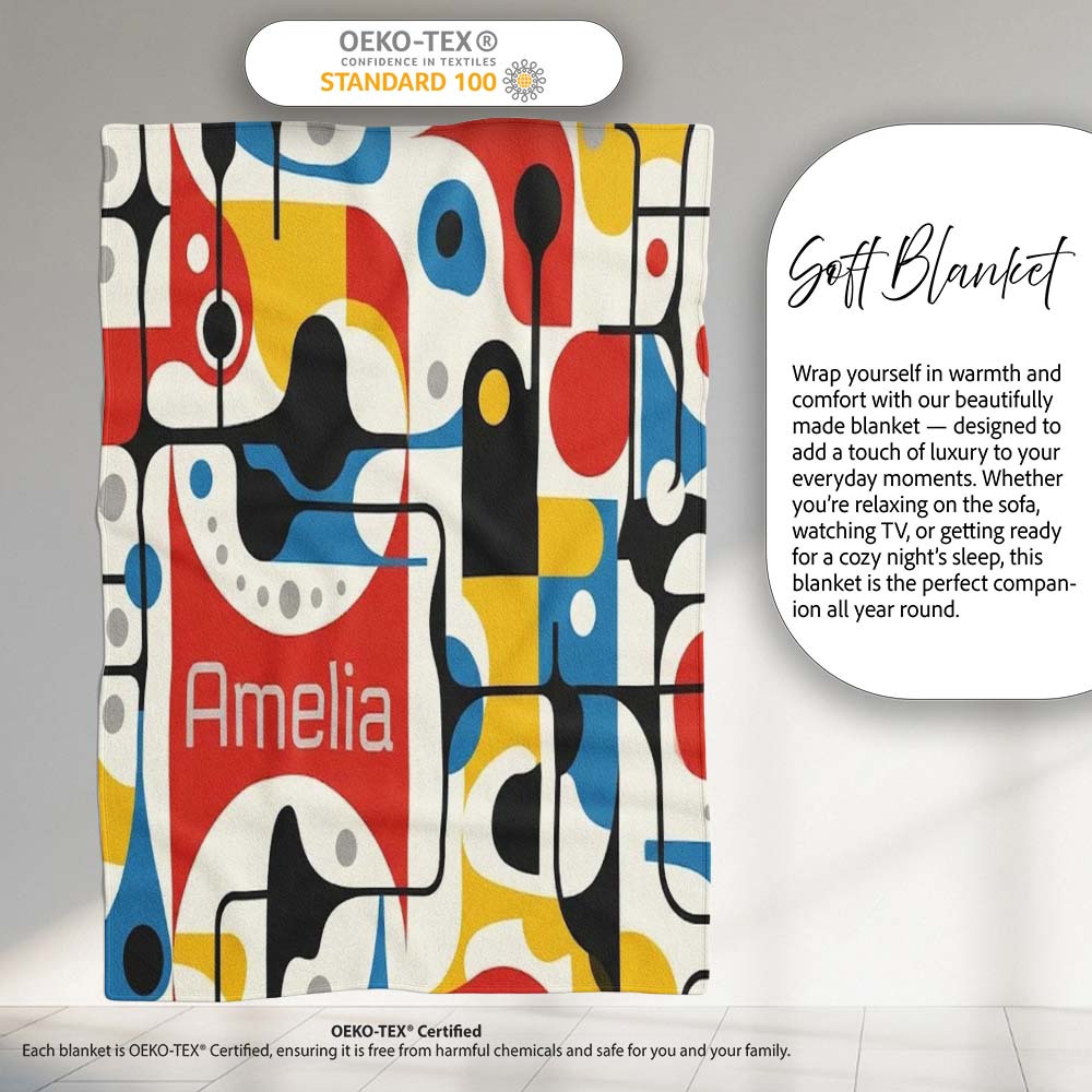 Abstract Circles and Lines Mid Century Modern Pattern Seamless Name Personalised Custom Name Super Soft Fleece Blanket Bed Sofa Throw