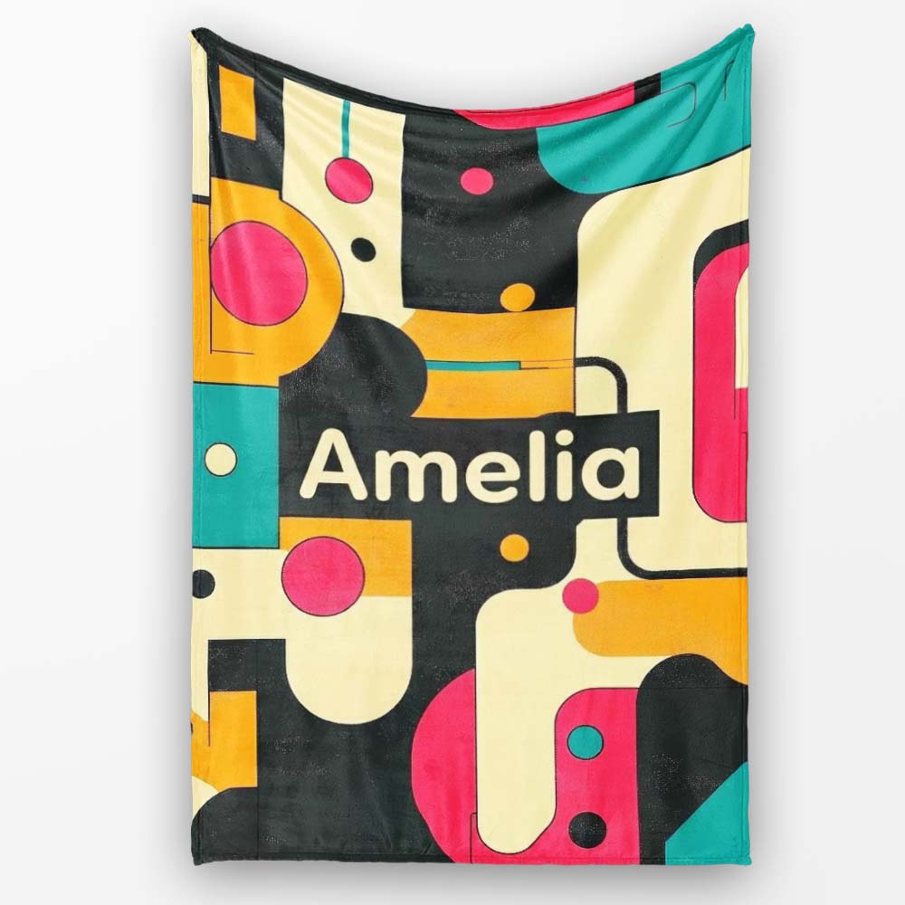 Bold Geometric Abstract Shapes Mid Century Color Block Pattern Personalised Custom Name Super Soft Fleece Blanket Bed Sofa Throw
