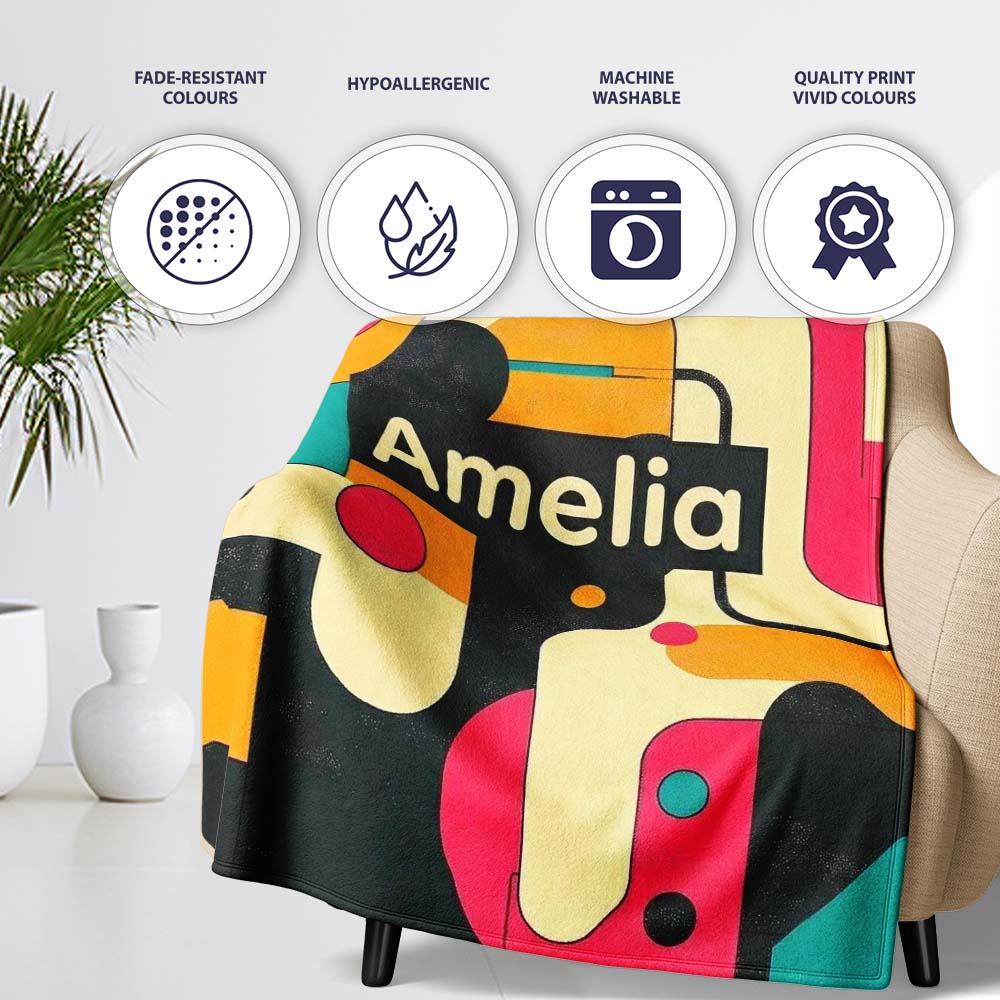 Bold Geometric Abstract Shapes Mid Century Color Block Pattern Personalised Custom Name Super Soft Fleece Blanket Bed Sofa Throw