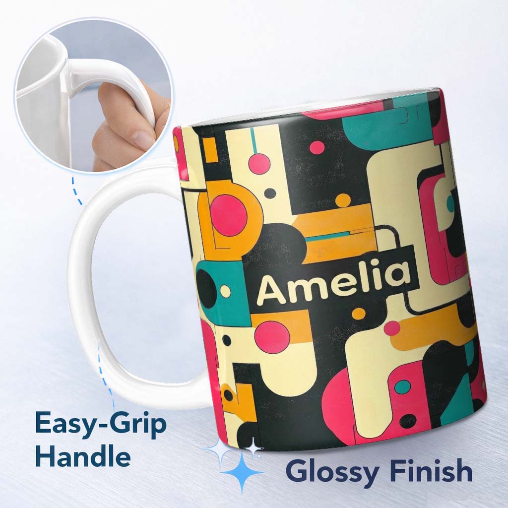 Personalized Custom Name Bold Geometric Abstract Shapes Mid Century Color Block Pattern 11oz Ceramic Coffee Tea Mug White Large Handle