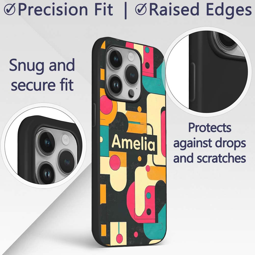 Bold Geometric Abstract Shapes Mid Century Color Custom Name Protective Phone Case Mobile Cover Durable Everyday Smartphone Shock Resistant