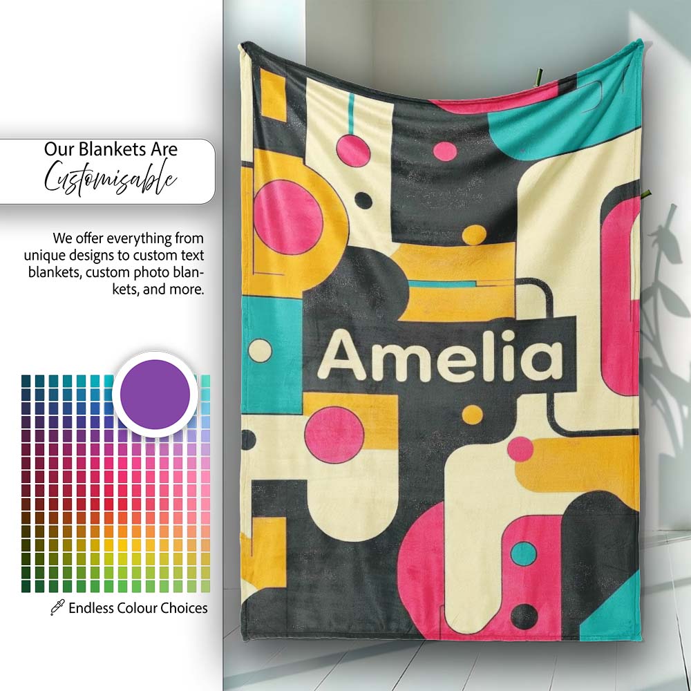Bold Geometric Abstract Shapes Mid Century Color Block Pattern Personalised Custom Name Super Soft Fleece Blanket Bed Sofa Throw