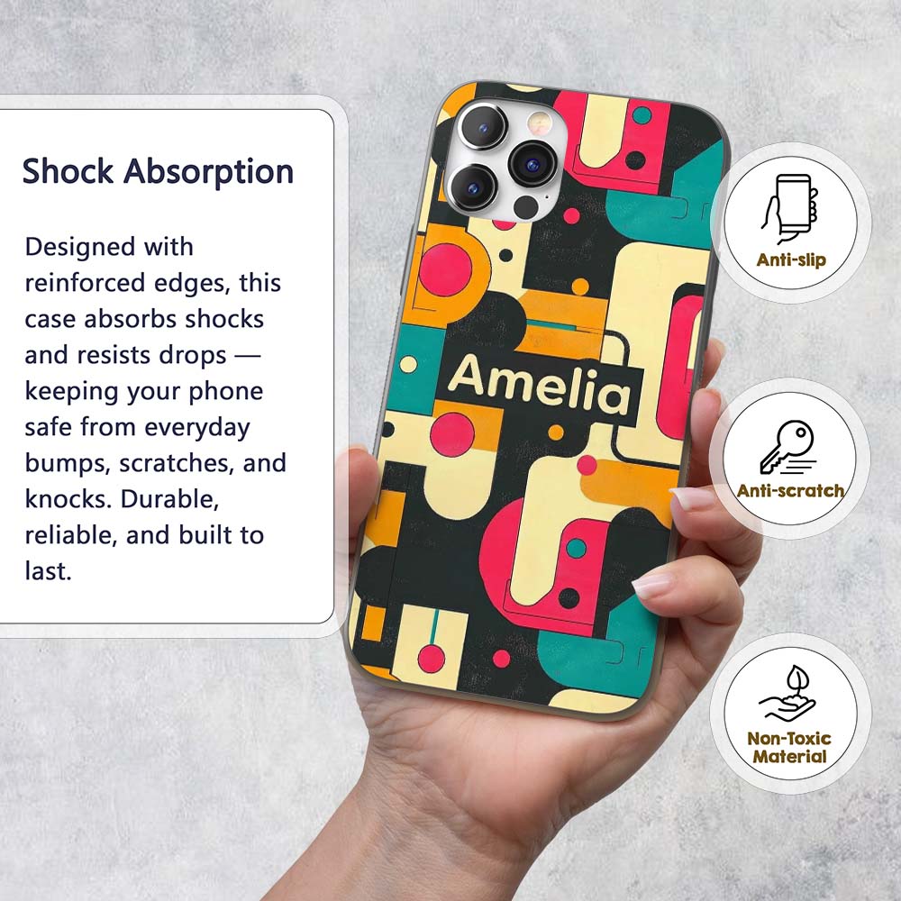 Bold Geometric Abstract Shapes Mid Century Color Custom Name Protective Phone Case Mobile Cover Durable Everyday Smartphone Shock Resistant