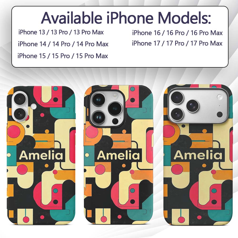 Bold Geometric Abstract Shapes Mid Century Color Custom Name Protective Phone Case Mobile Cover Durable Everyday Smartphone Shock Resistant