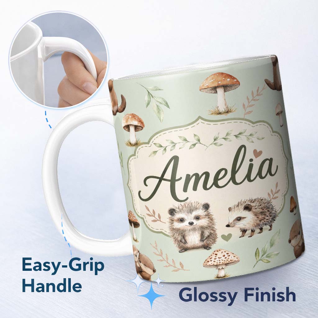 Personalized Custom Name Cute Woodland Hedgehog Mushrooms Leaves Seamless Pattern Dusty Pink 11oz Ceramic Coffee Tea Mug White Large Handle